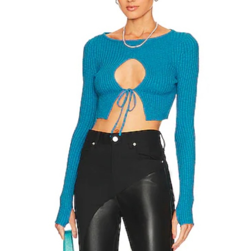 h:ours Lua Cropped Keyhole Turquoise Ribbed Sweater Crop Top (Revolve)